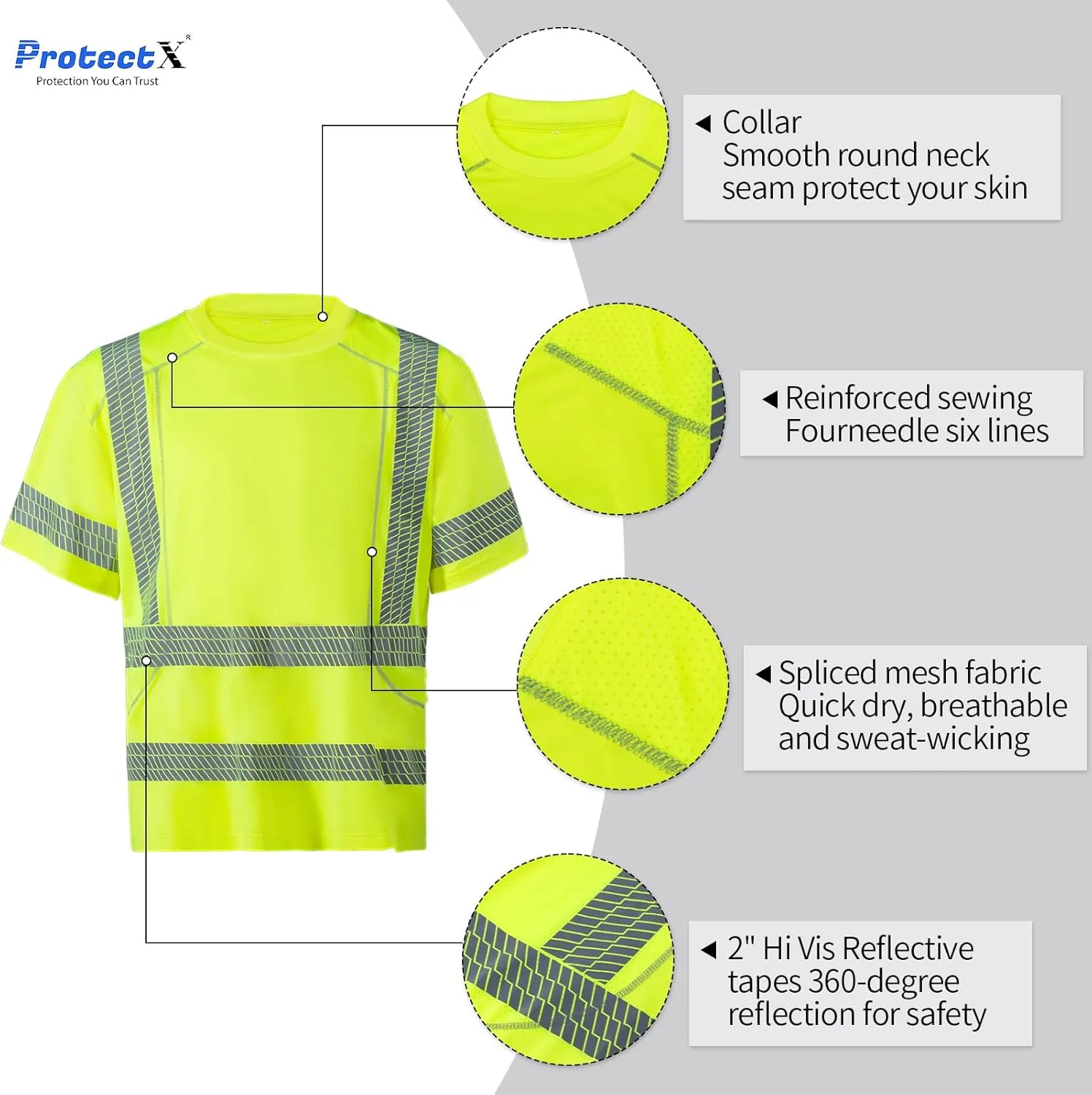 ProtectX High Visibility Short Sleeve Reflective Safety T-Shirt, Men's Heavy Duty Breathable Hi Vis Shirts, Class 2 Type R