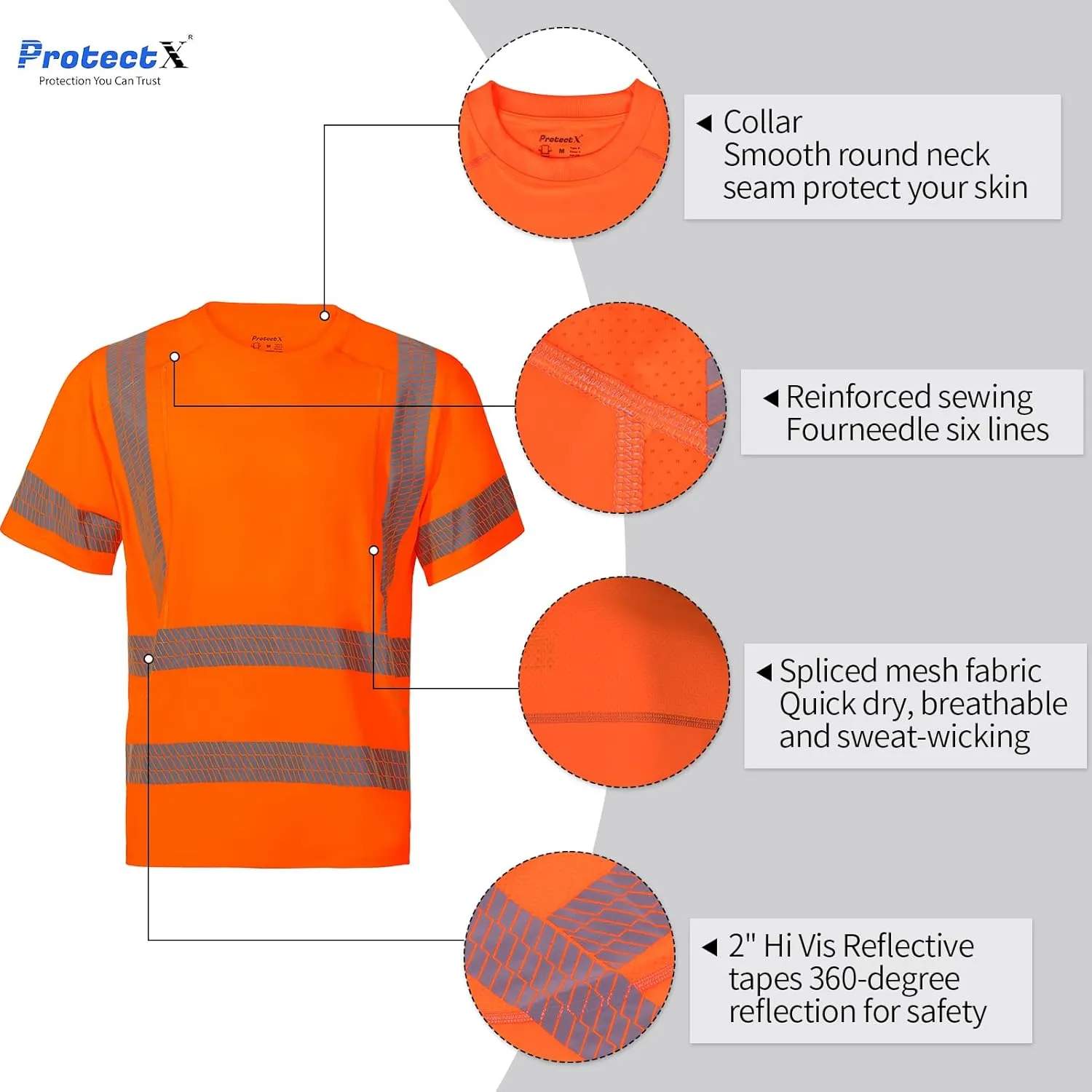ProtectX High Visibility Short Sleeve Reflective Safety T-Shirt, Men's Heavy Duty Breathable Hi Vis Shirts, Class 2 Type R