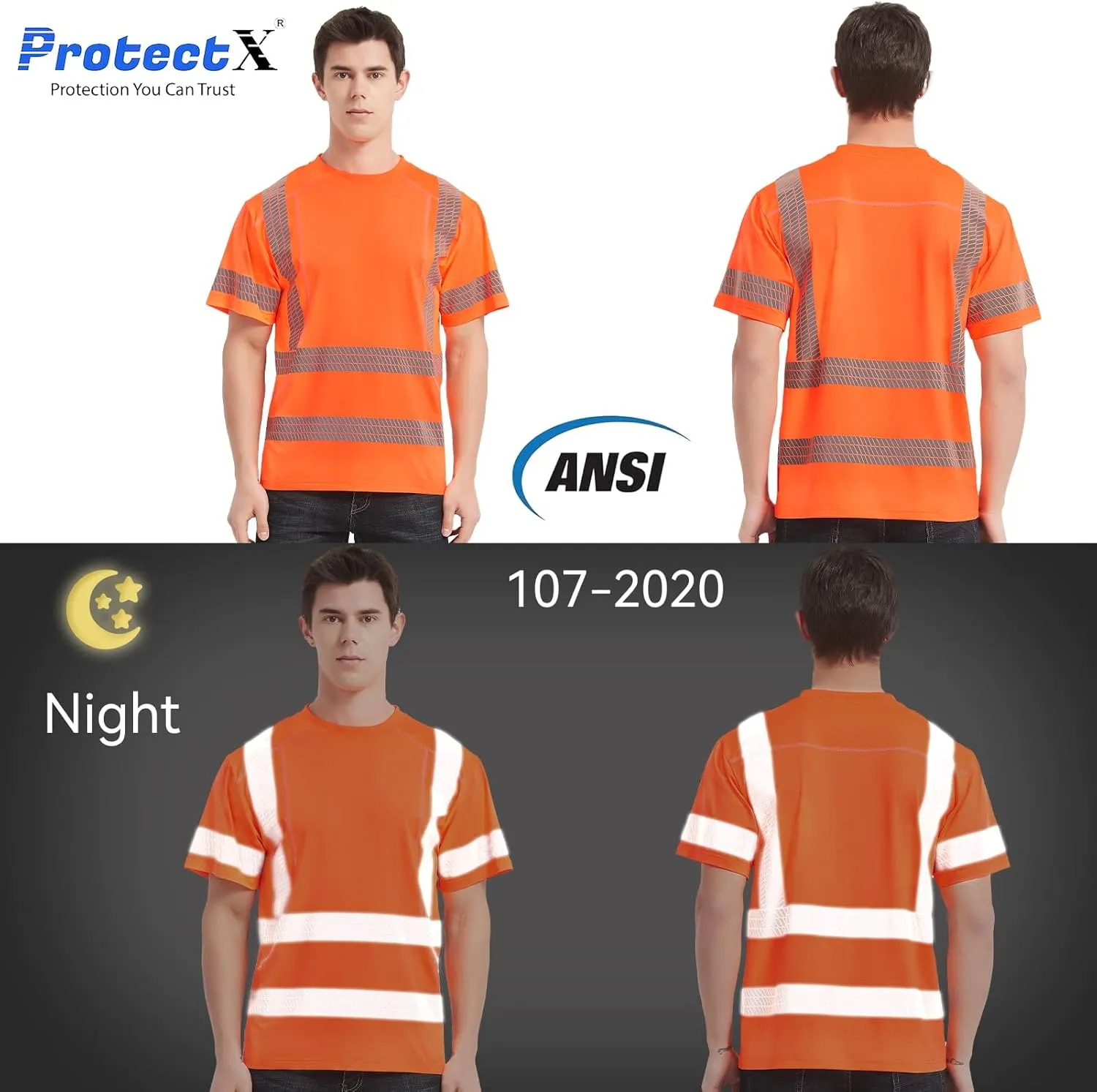 ProtectX High Visibility Short Sleeve Reflective Safety T-Shirt, Men's Heavy Duty Breathable Hi Vis Shirts, Class 2 Type R