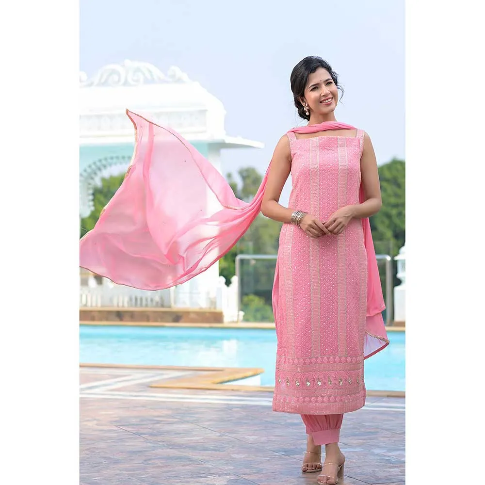 Rangpur Pink Chikankari Suit - Set of 3