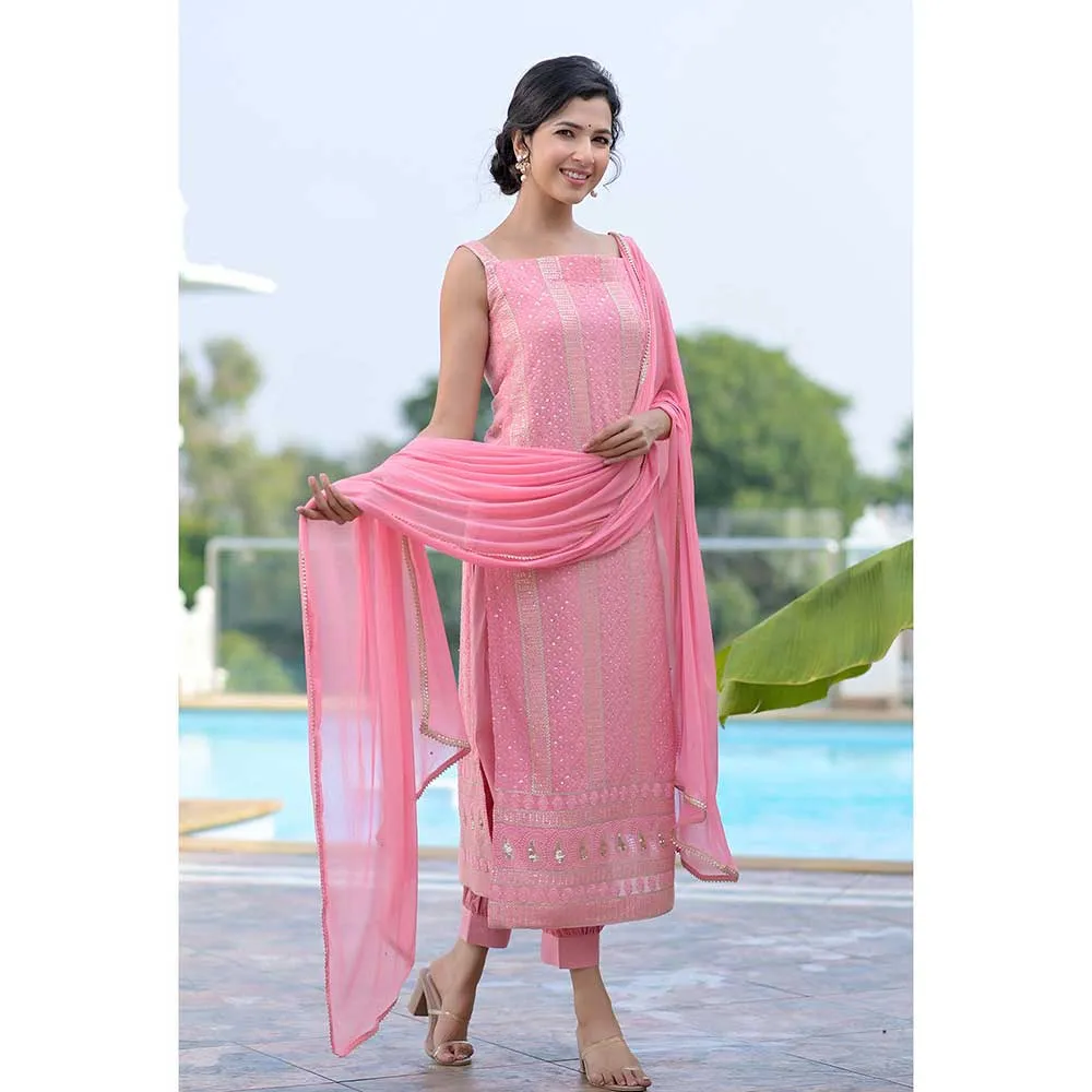 Rangpur Pink Chikankari Suit - Set of 3