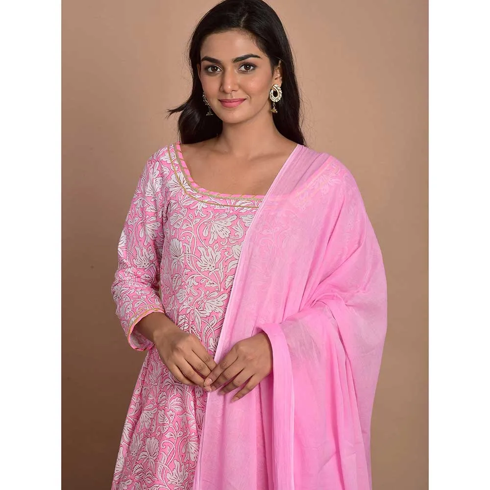 Rangpur Pink Printed Anakali With Pant & Dupatta (Set of 3)