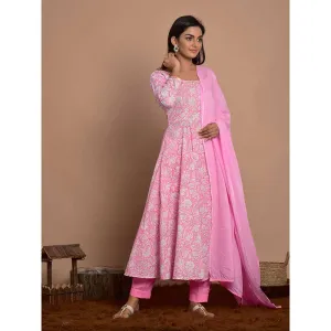 Rangpur Pink Printed Anakali With Pant & Dupatta (Set of 3)