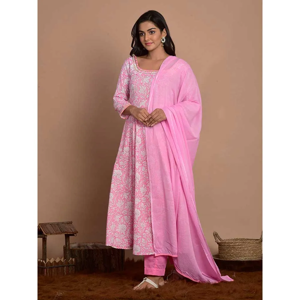 Rangpur Pink Printed Anakali With Pant & Dupatta (Set of 3)