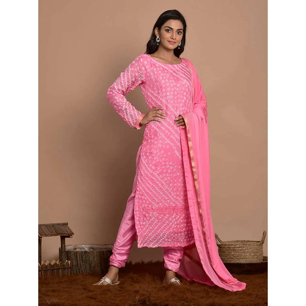 Rangpur Pink Printed Kurta With Churidar & Dupatta (Set of 3)