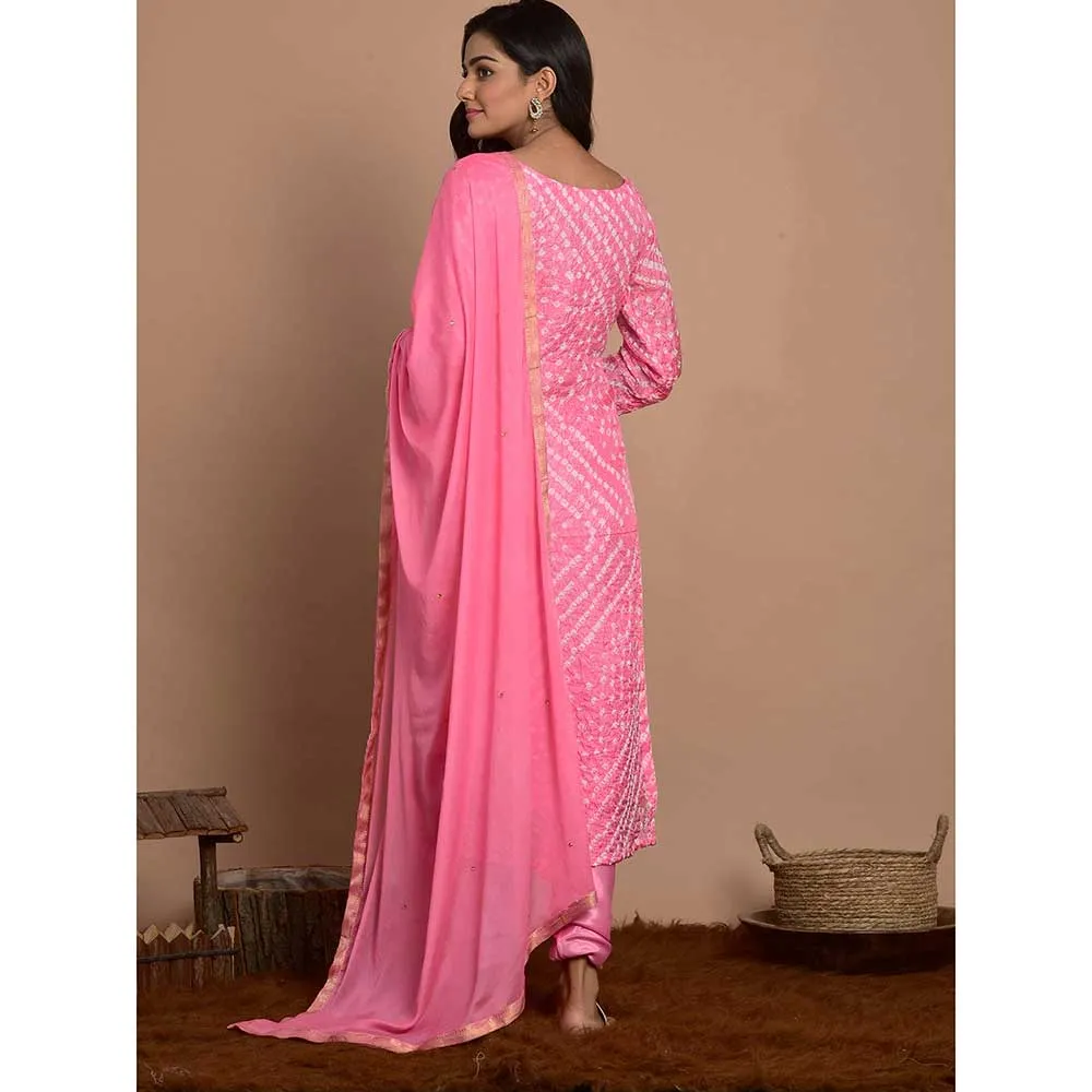 Rangpur Pink Printed Kurta With Churidar & Dupatta (Set of 3)