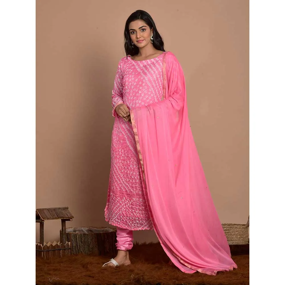 Rangpur Pink Printed Kurta With Churidar & Dupatta (Set of 3)
