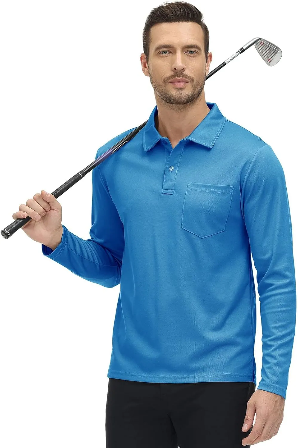 Rdruko Men's Polo with Pocket Long Sleeve Quick Dry Outdoor Golf Pullover Collared T-Shirt