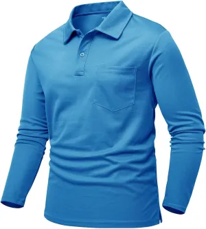Rdruko Men's Polo with Pocket Long Sleeve Quick Dry Outdoor Golf Pullover Collared T-Shirt