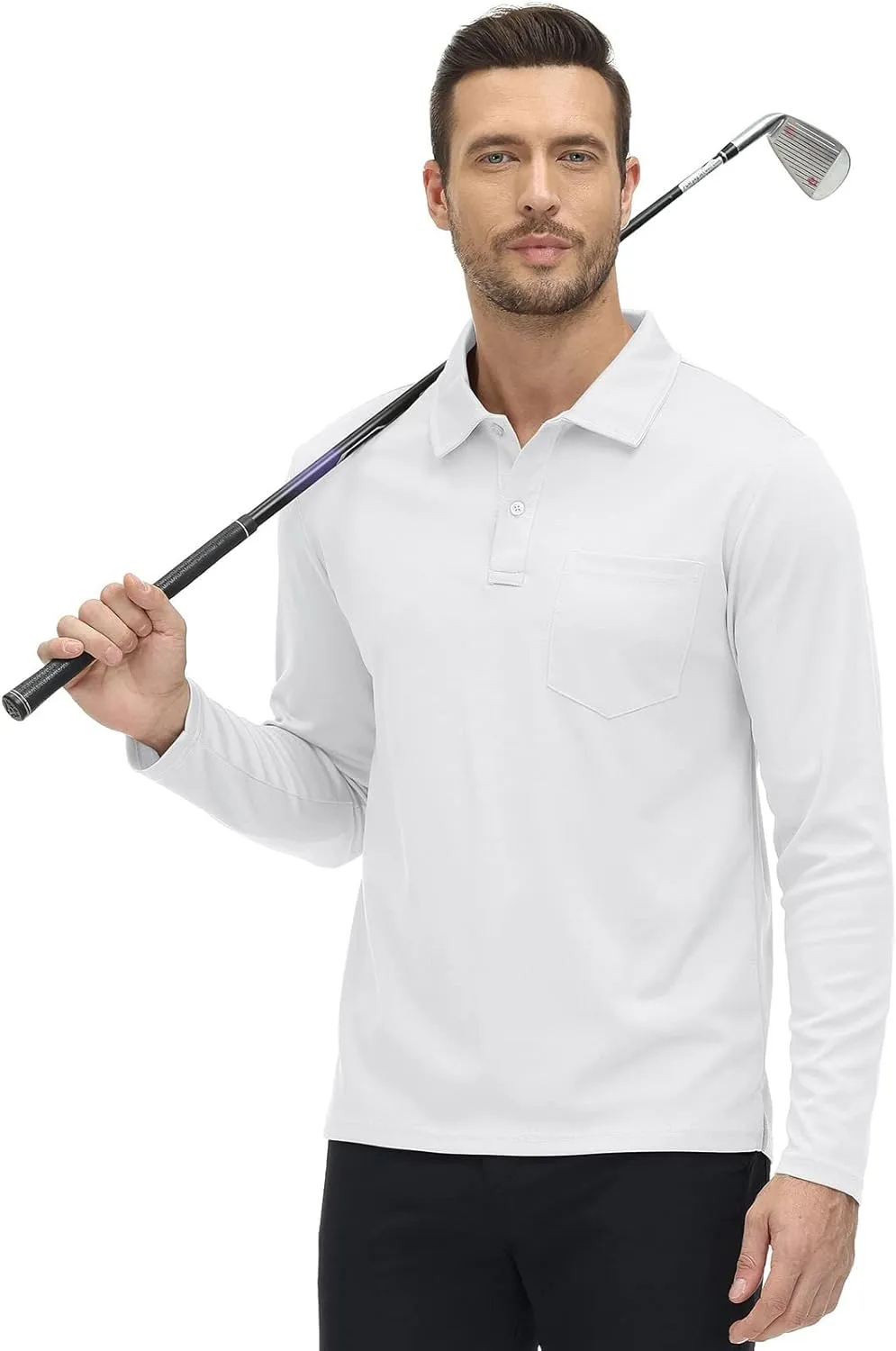 Rdruko Men's Polo with Pocket Long Sleeve Quick Dry Outdoor Golf Pullover Collared T-Shirt