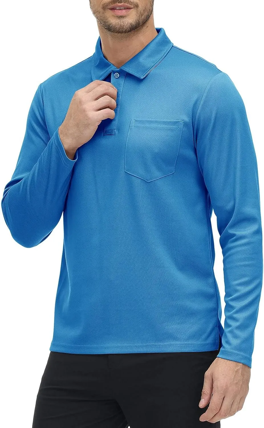 Rdruko Men's Polo with Pocket Long Sleeve Quick Dry Outdoor Golf Pullover Collared T-Shirt