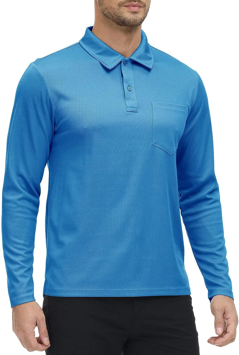 Rdruko Men's Polo with Pocket Long Sleeve Quick Dry Outdoor Golf Pullover Collared T-Shirt