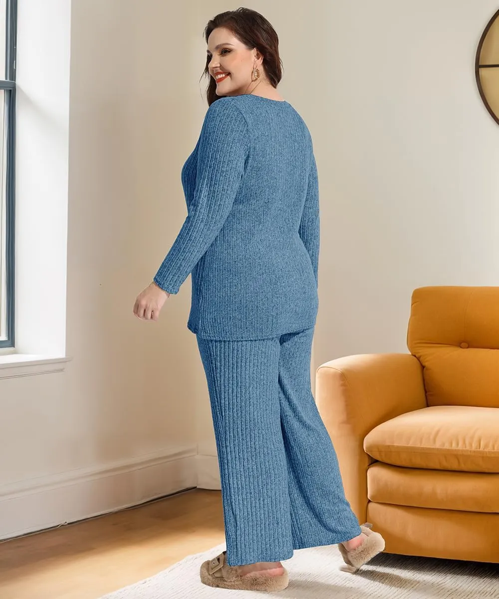 RITERA Womens Plus Size 2 Piece Outfits Lounge Sets Knit Sweatsuit Long Sleeve Pullover Tops Wide Leg Pant Pajama Sets XL-5XL