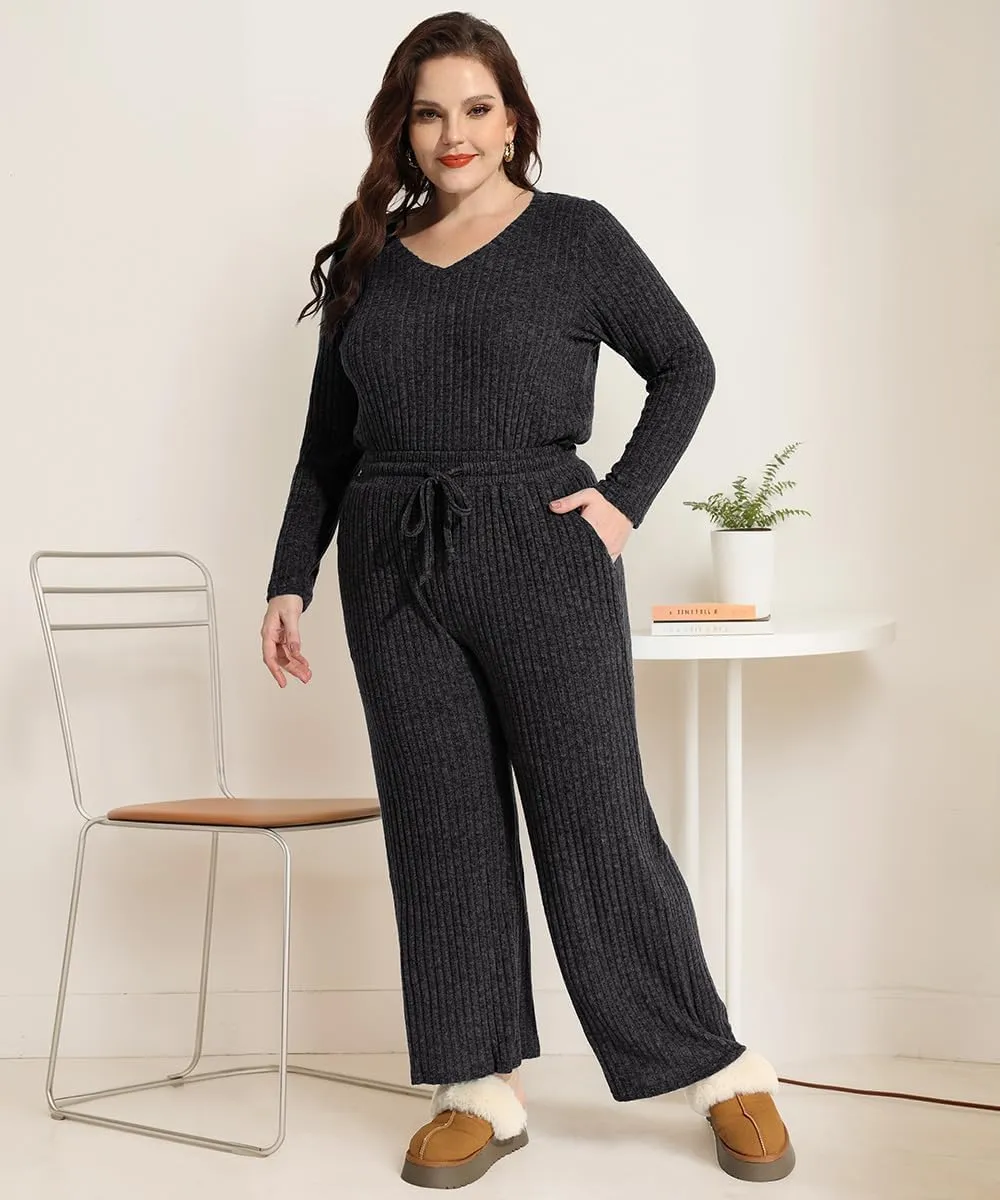 RITERA Womens Plus Size 2 Piece Outfits Lounge Sets Knit Sweatsuit Long Sleeve Pullover Tops Wide Leg Pant Pajama Sets XL-5XL