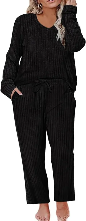 RITERA Womens Plus Size 2 Piece Outfits Lounge Sets Knit Sweatsuit Long Sleeve Pullover Tops Wide Leg Pant Pajama Sets XL-5XL