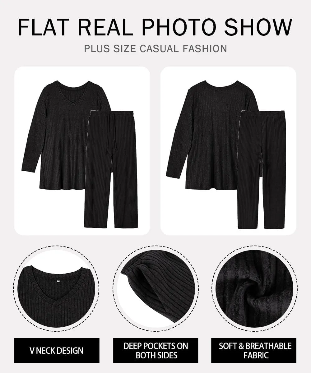 RITERA Womens Plus Size 2 Piece Outfits Lounge Sets Knit Sweatsuit Long Sleeve Pullover Tops Wide Leg Pant Pajama Sets XL-5XL