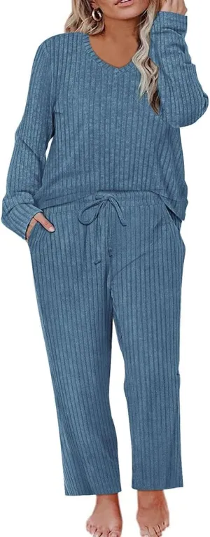 RITERA Womens Plus Size 2 Piece Outfits Lounge Sets Knit Sweatsuit Long Sleeve Pullover Tops Wide Leg Pant Pajama Sets XL-5XL