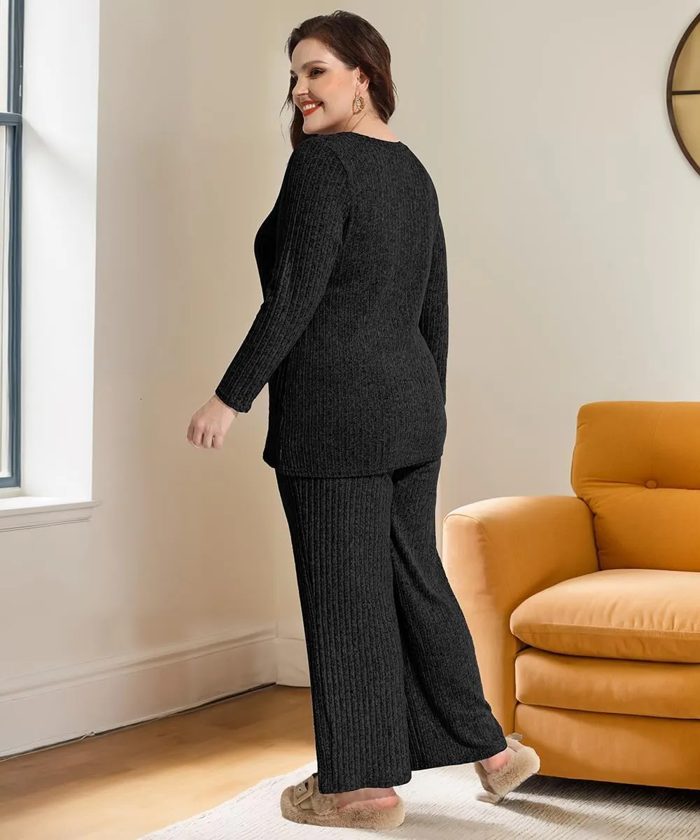 RITERA Womens Plus Size 2 Piece Outfits Lounge Sets Knit Sweatsuit Long Sleeve Pullover Tops Wide Leg Pant Pajama Sets XL-5XL
