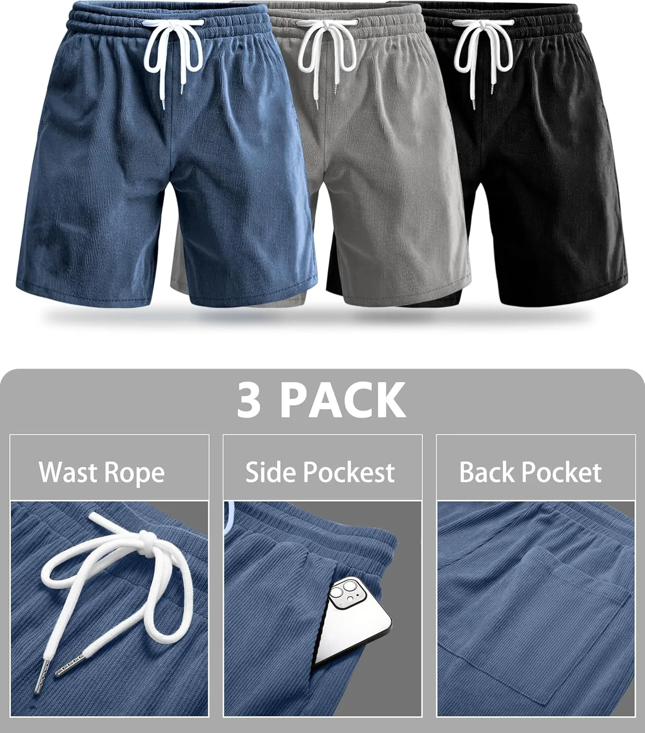 Riyiper 3 Pack Men's Corduroy Shorts L-5XL Big and Tall Drawstring Elastic Waist Pockets Loose Fit Casual 2025 Summer