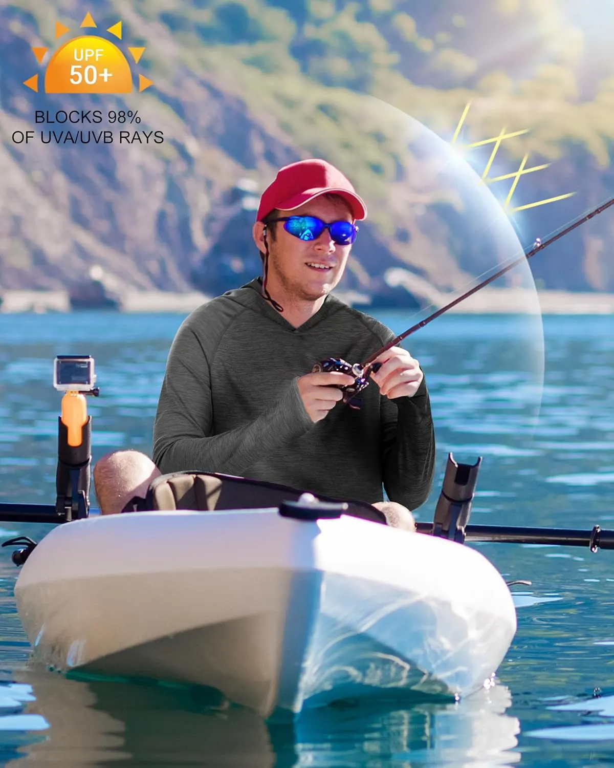 Roadbox UPF 50  Fishing Shirts for Men, Long Sleeve SPF UV Sun Protection Hoodie with Thumb Holes Swim Running Rash Guard