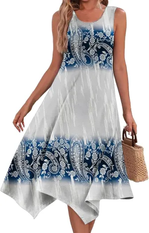 Round Neck Dress Womens Casual Sleeveless Fashion Floral Print Women's Irregular Hem Loose Weekend 2024 Midi Dress