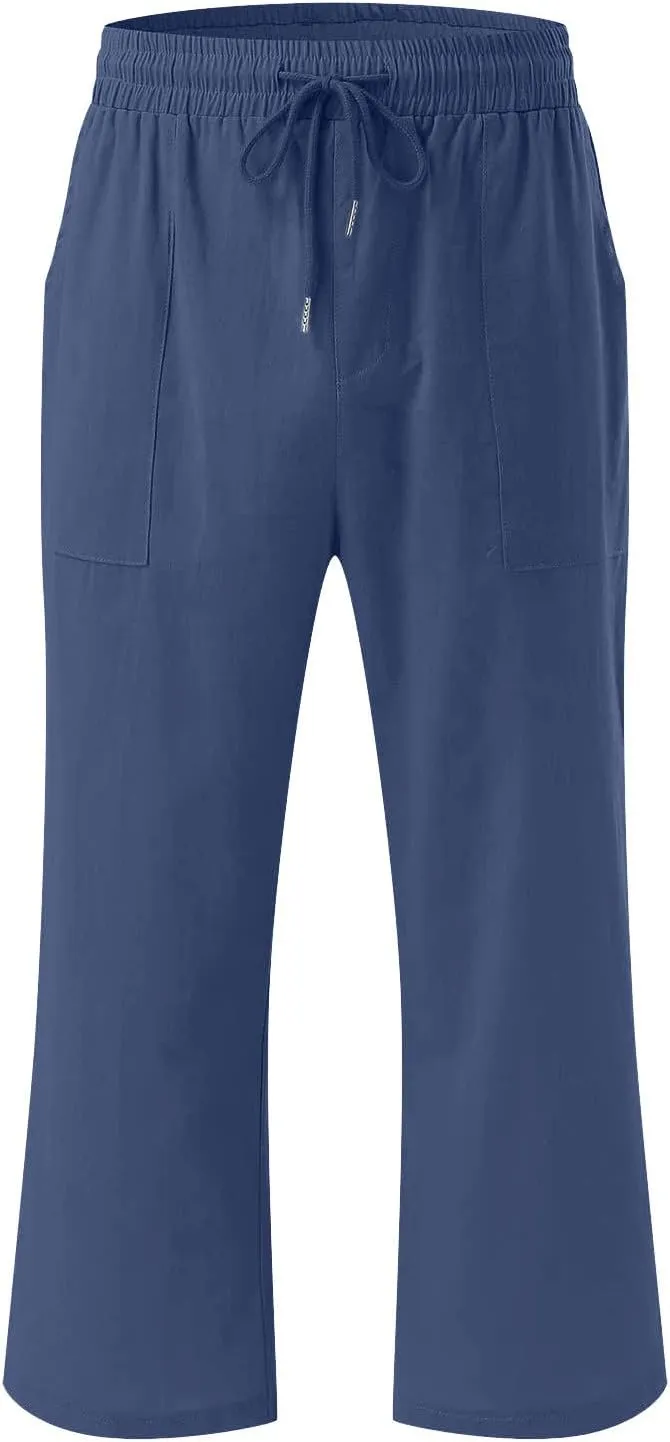 Ruziyoog Capris Pants for Women Cotton Linen Casual High Waist Drawstring Cropped Trouser Summer Loose Straight Wide Leg Pant