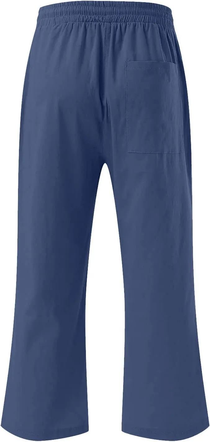 Ruziyoog Capris Pants for Women Cotton Linen Casual High Waist Drawstring Cropped Trouser Summer Loose Straight Wide Leg Pant