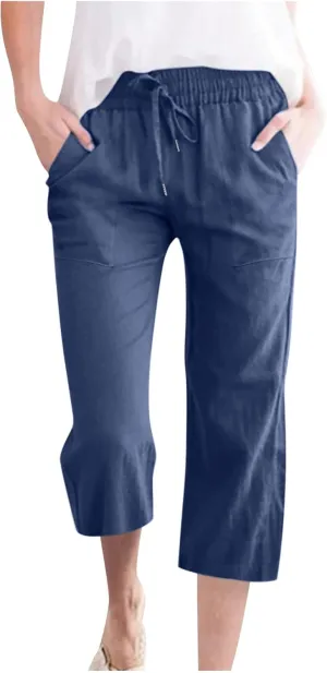 Ruziyoog Capris Pants for Women Cotton Linen Casual High Waist Drawstring Cropped Trouser Summer Loose Straight Wide Leg Pant