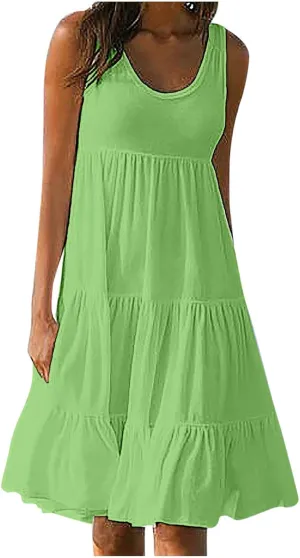 Ruziyoog Summer Casual Dresses for Women Sleeveless Mini Sundress Loose Flowy Swing Tank Dress Tiered Beach Cover Ups