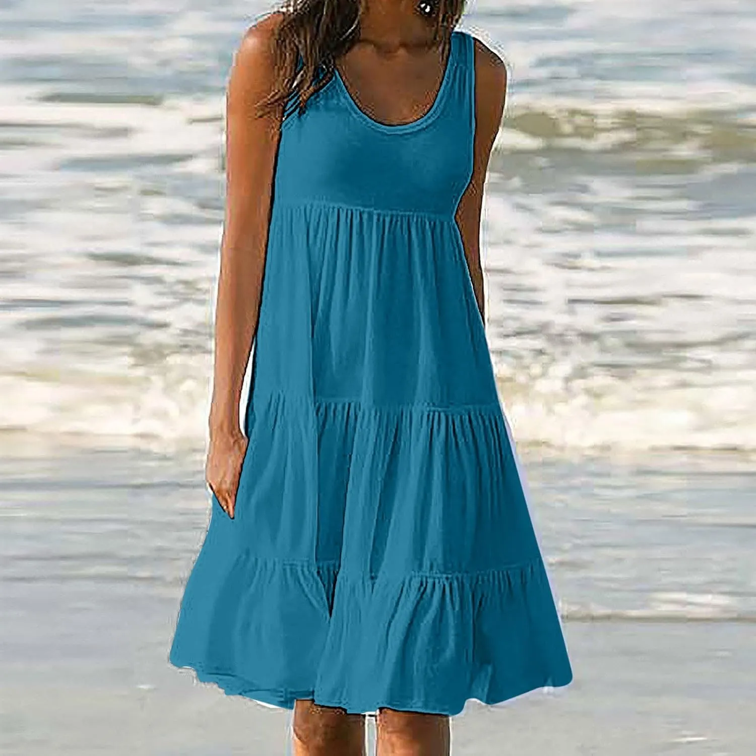 Ruziyoog Summer Casual Dresses for Women Sleeveless Mini Sundress Loose Flowy Swing Tank Dress Tiered Beach Cover Ups