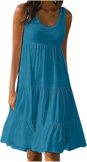 Ruziyoog Summer Casual Dresses for Women Sleeveless Mini Sundress Loose Flowy Swing Tank Dress Tiered Beach Cover Ups