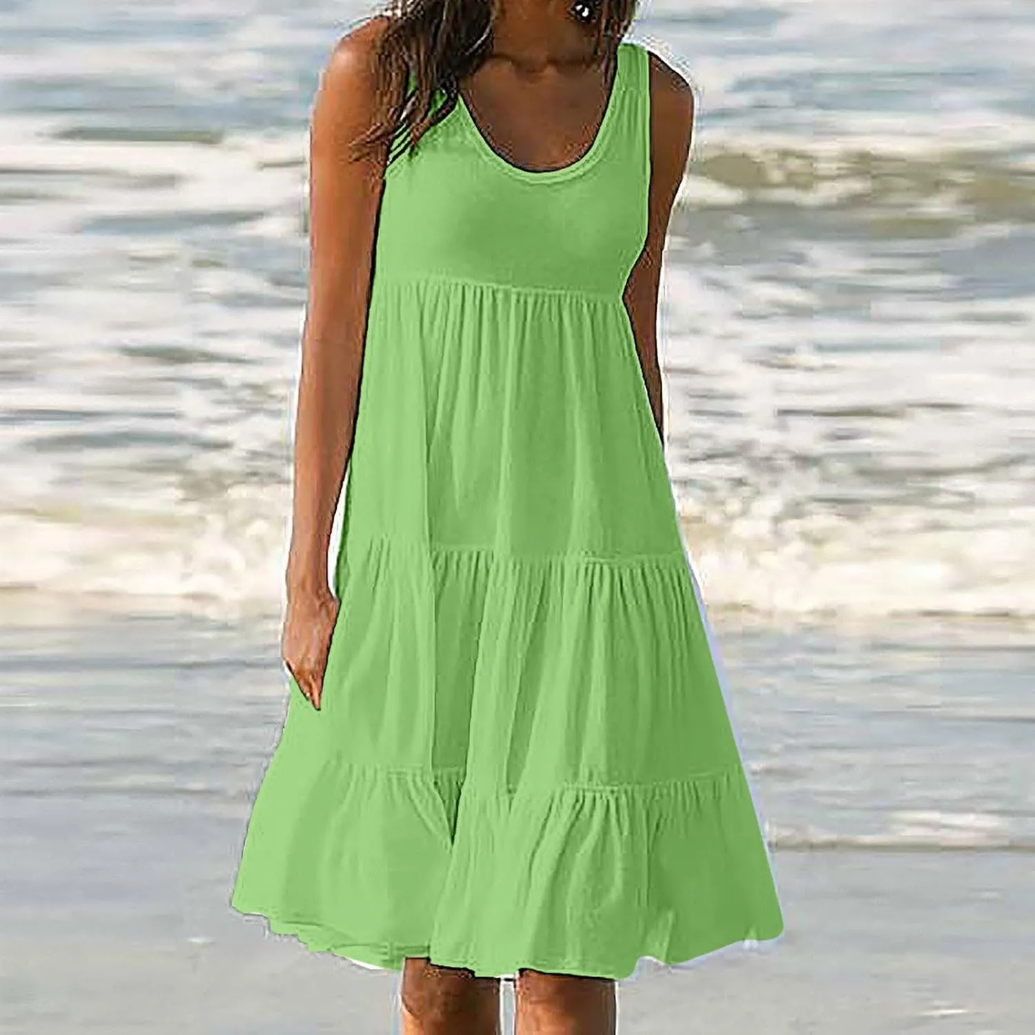Ruziyoog Summer Casual Dresses for Women Sleeveless Mini Sundress Loose Flowy Swing Tank Dress Tiered Beach Cover Ups