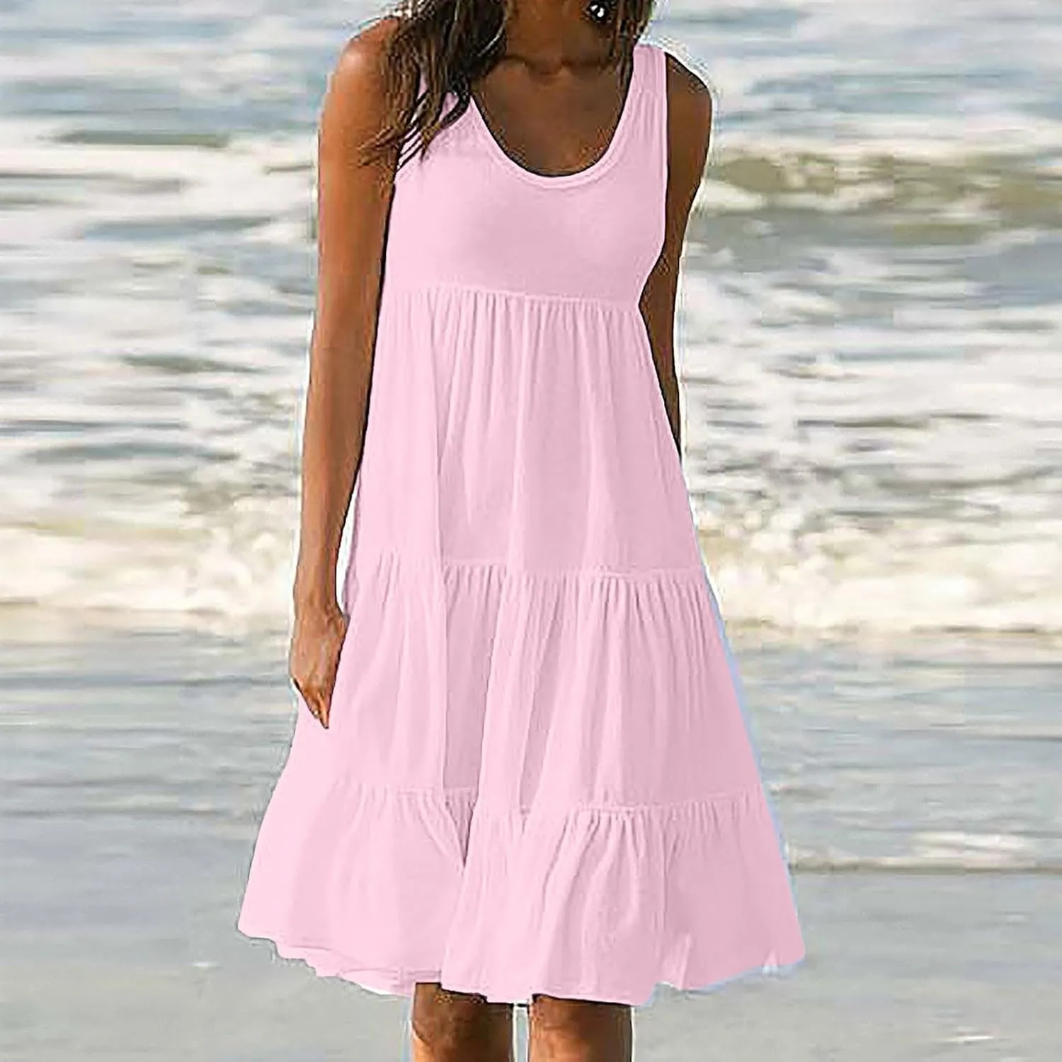 Ruziyoog Summer Casual Dresses for Women Sleeveless Mini Sundress Loose Flowy Swing Tank Dress Tiered Beach Cover Ups