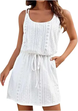Ruziyoog Womens 2024 Summer Short Dress Eyelet Embroidery Sleeveless Cover Up Sun Dress Tie Waist A-Line Mini Dresses