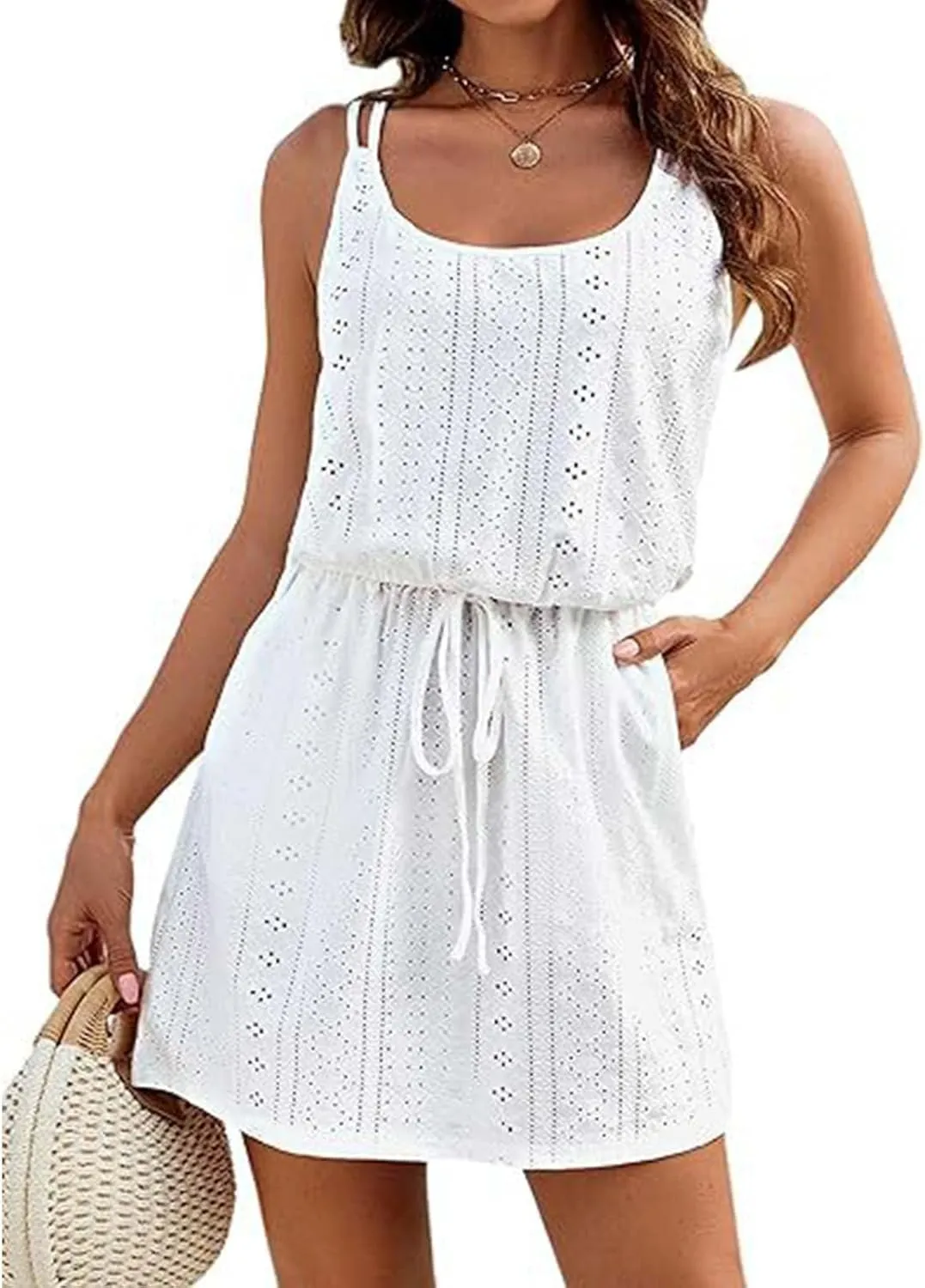 Ruziyoog Womens 2024 Summer Short Dress Eyelet Embroidery Sleeveless Cover Up Sun Dress Tie Waist A-Line Mini Dresses