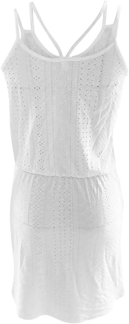 Ruziyoog Womens 2024 Summer Short Dress Eyelet Embroidery Sleeveless Cover Up Sun Dress Tie Waist A-Line Mini Dresses