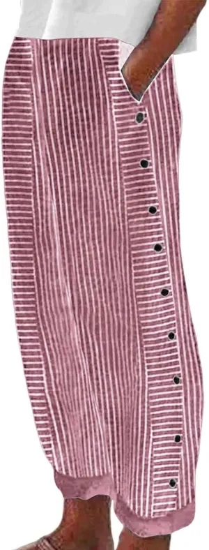 Rvidbe Linen Pants Women Summer 2024 Striped Side Button Casual Elastic High Waist Straight Leg Loose Boho Trendy Trousers