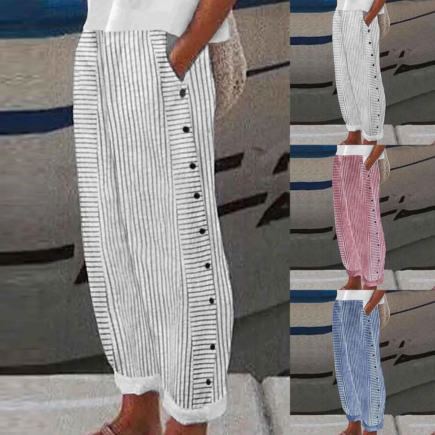 Rvidbe Linen Pants Women Summer 2024 Striped Side Button Casual Elastic High Waist Straight Leg Loose Boho Trendy Trousers