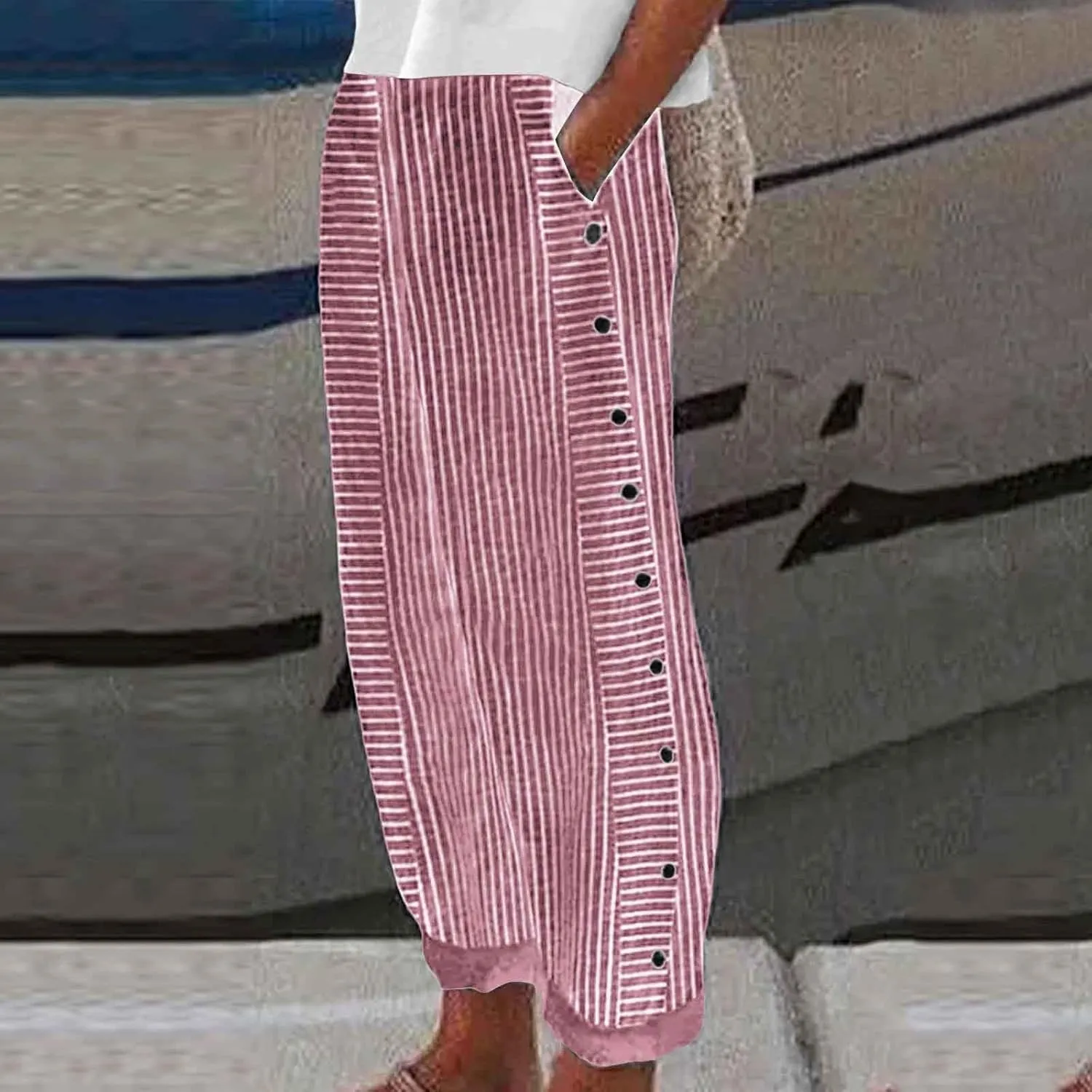 Rvidbe Linen Pants Women Summer 2024 Striped Side Button Casual Elastic High Waist Straight Leg Loose Boho Trendy Trousers
