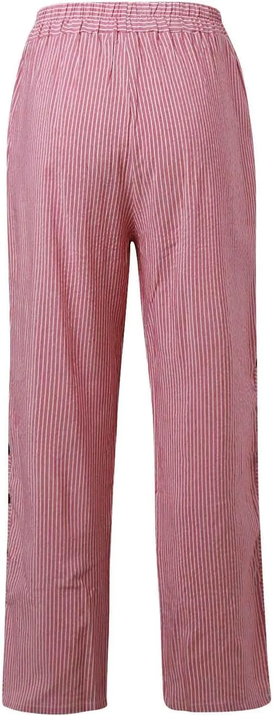 Rvidbe Linen Pants Women Summer 2024 Striped Side Button Casual Elastic High Waist Straight Leg Loose Boho Trendy Trousers