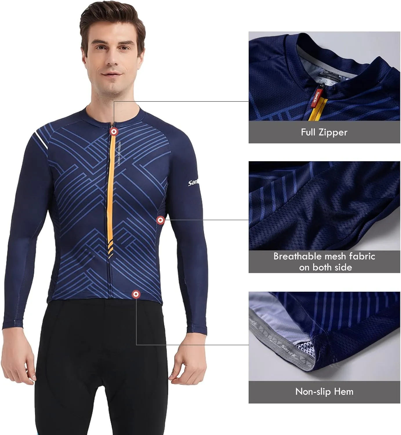 Santic Cycling Jersey Men's Long Sleeve Tops Mountain Bike Shirts Bicycle Jacket with Pockets