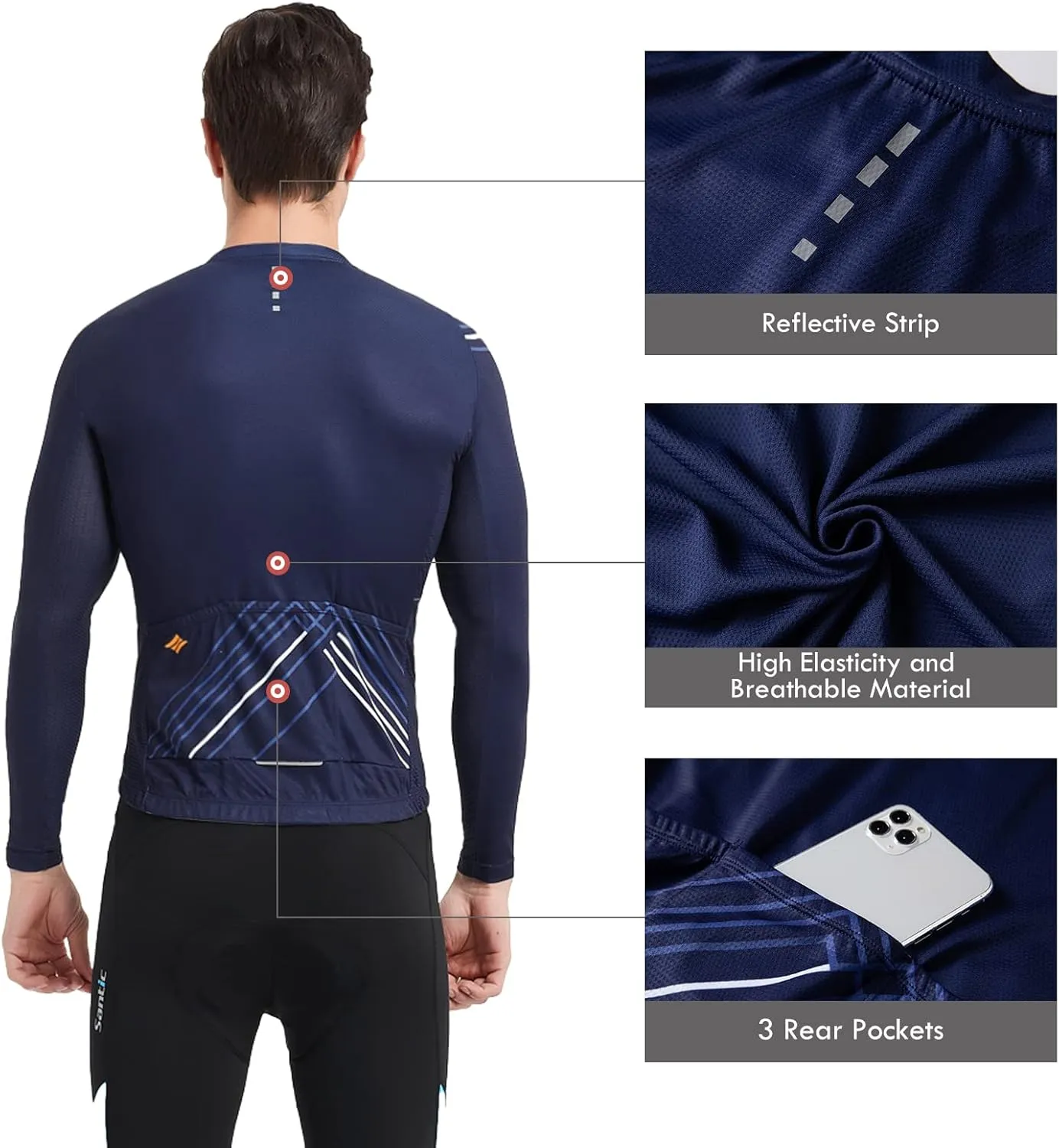 Santic Cycling Jersey Men's Long Sleeve Tops Mountain Bike Shirts Bicycle Jacket with Pockets