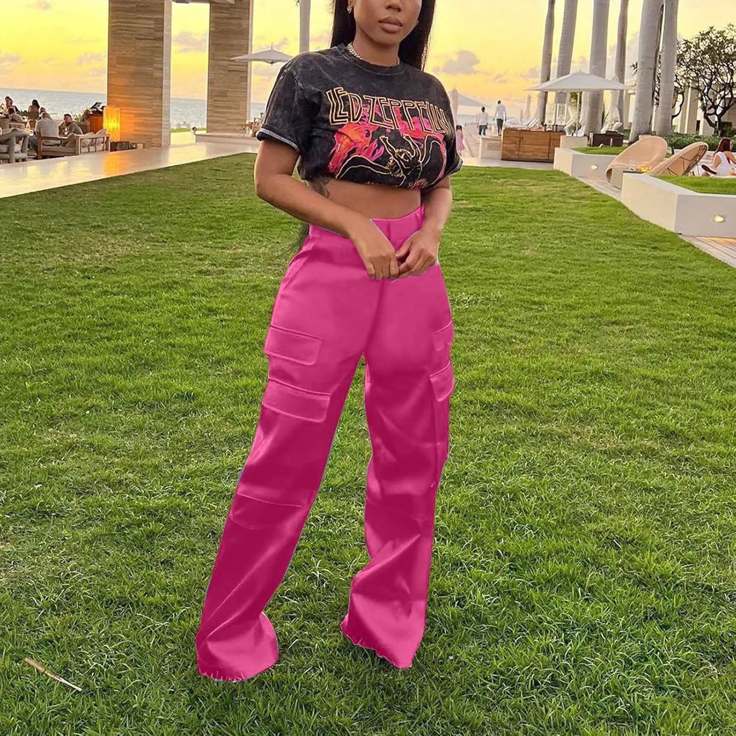 Satin Cargo Pants for Women High Waist Multiple Pockets Straight Wide Leg Trouser Casual Outdoor Flowy Palazzo Pants