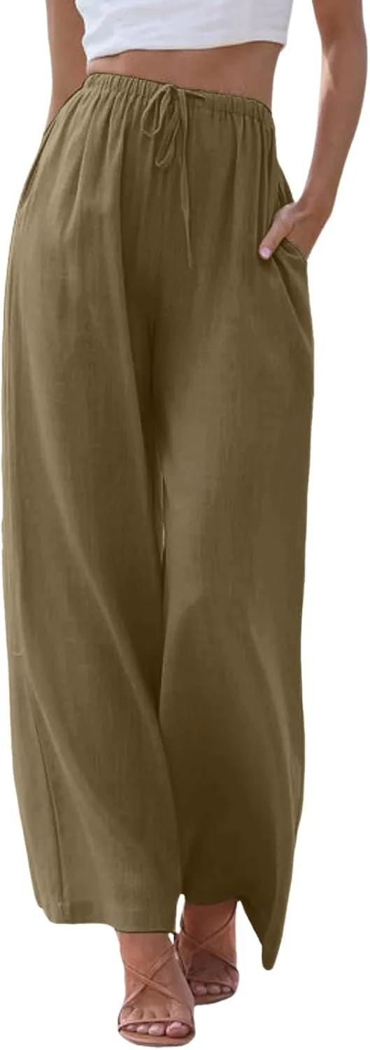 sdbrld Pantalones De Lino De Las Mujeres Linen Wide Leg Pants for Women Shorts Linen Pants Women Summer,Womens Linen Pants with Pockets High Waist Adjustable Knot Casual Trousers (Z41-Brown, S)