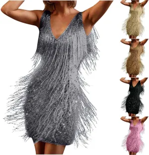 Sequin Cocktail Flapper Dresses 1920s Gatsby with All-Over Fringe Prom Party Mini Dress Tango Ballroom Dancing Costume