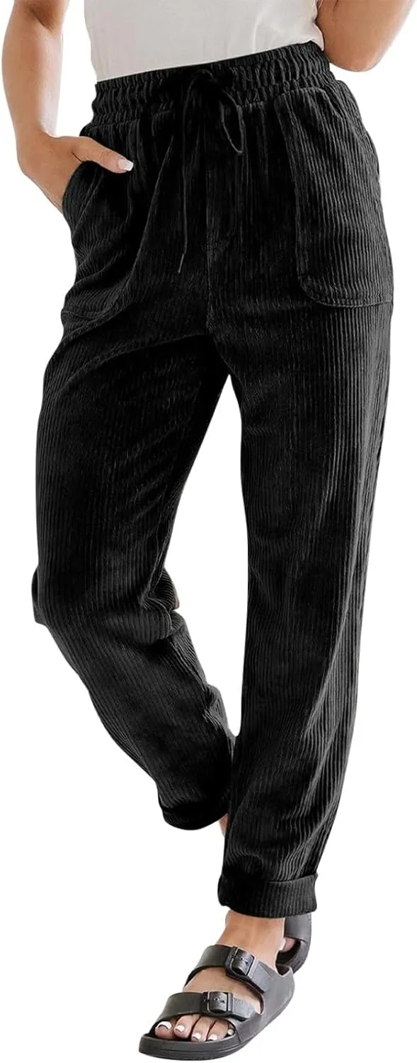SERYU Corduroy Pants for Women Casual Drawstring Elastic High Waist Straight Leg Pants Loose Comfy Trousers with Pockets