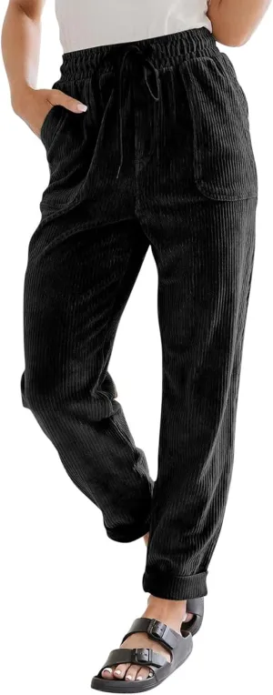 SERYU Corduroy Pants for Women Casual Drawstring Elastic High Waist Straight Leg Pants Loose Comfy Trousers with Pockets