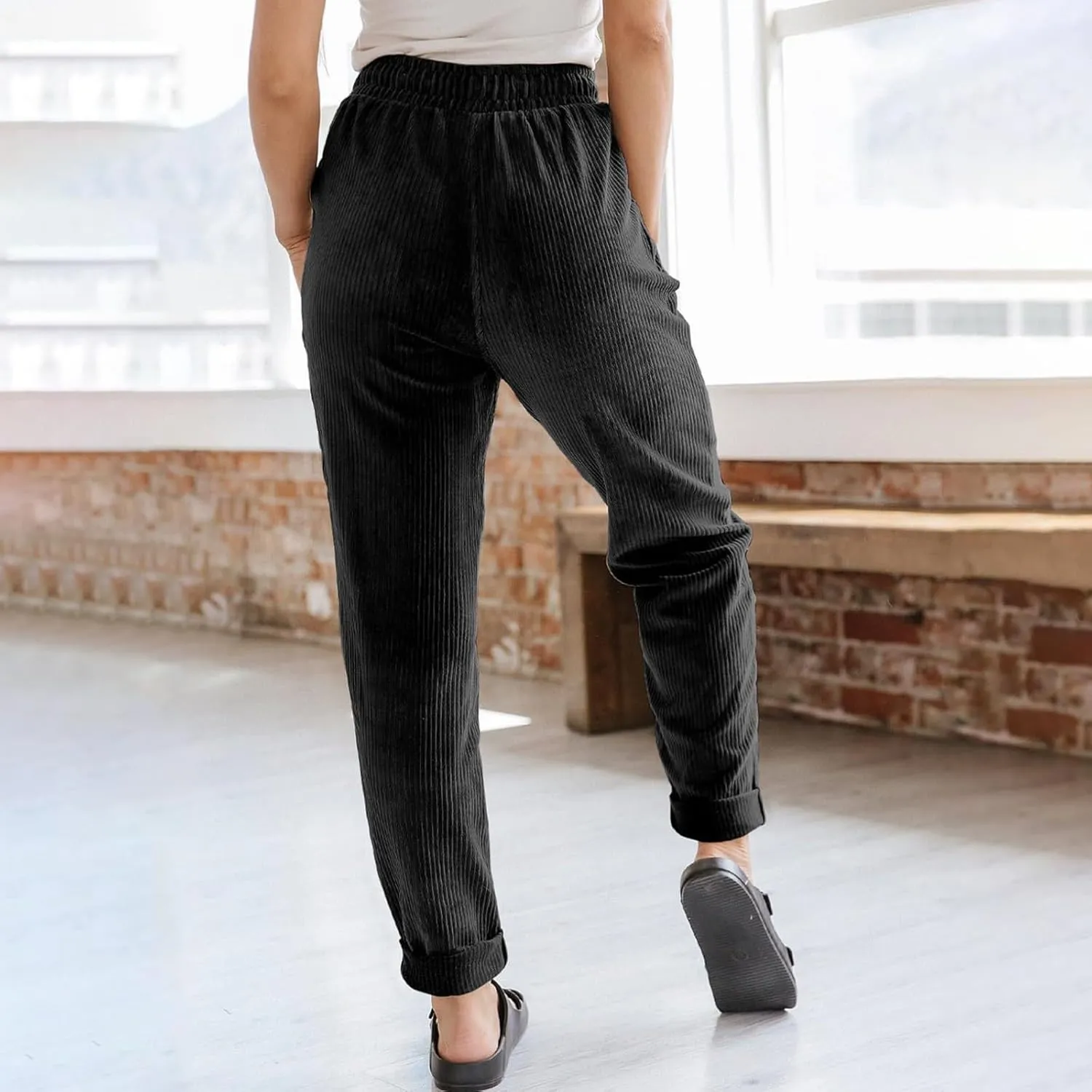 SERYU Corduroy Pants for Women Casual Drawstring Elastic High Waist Straight Leg Pants Loose Comfy Trousers with Pockets