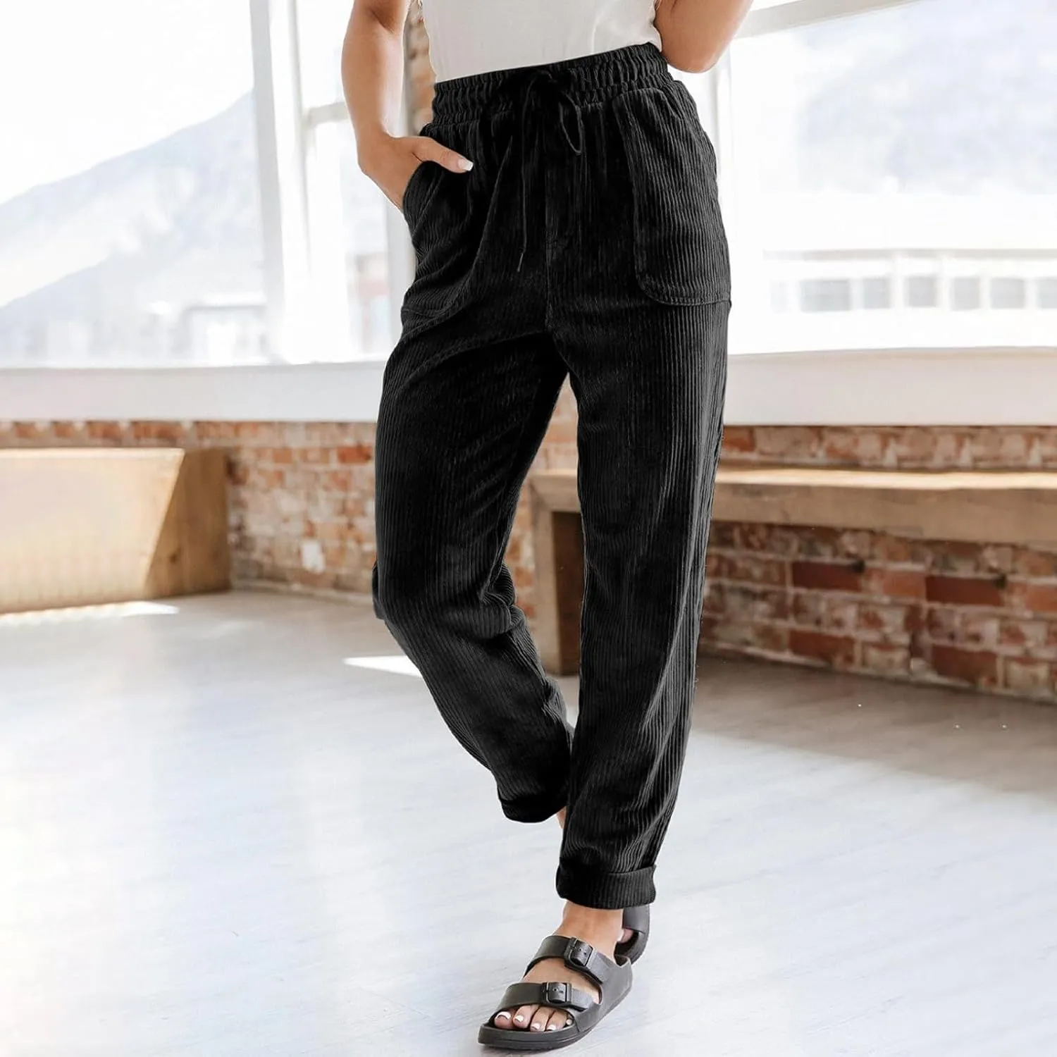SERYU Corduroy Pants for Women Casual Drawstring Elastic High Waist Straight Leg Pants Loose Comfy Trousers with Pockets