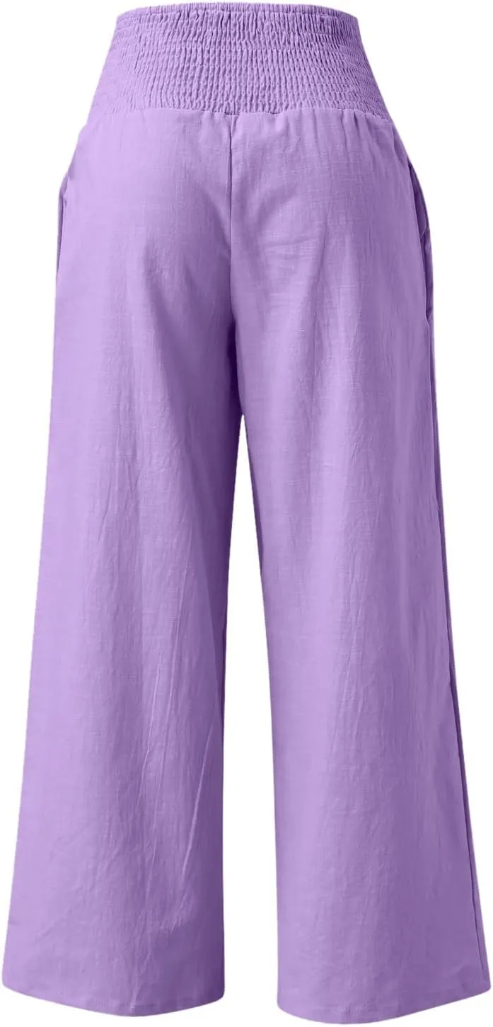 SHAOBGE Women Linen Palazzo Pants Summer Boho Wide Leg High Waist Casual Lounge Pant Trousers with Pockets